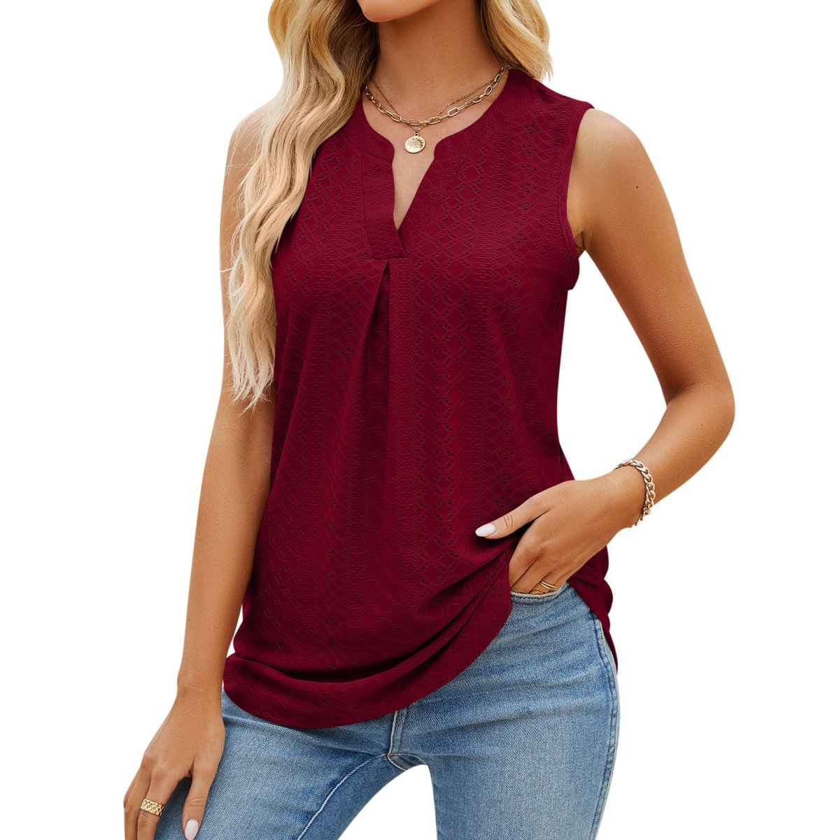 Women's Sleeveless Hole V - Neck Slim Fit Tank Top - AmiraMart