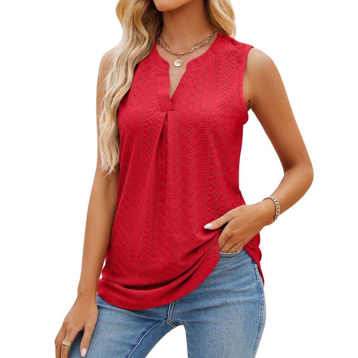 Women's Sleeveless Hole V - Neck Slim Fit Tank Top - AmiraMart