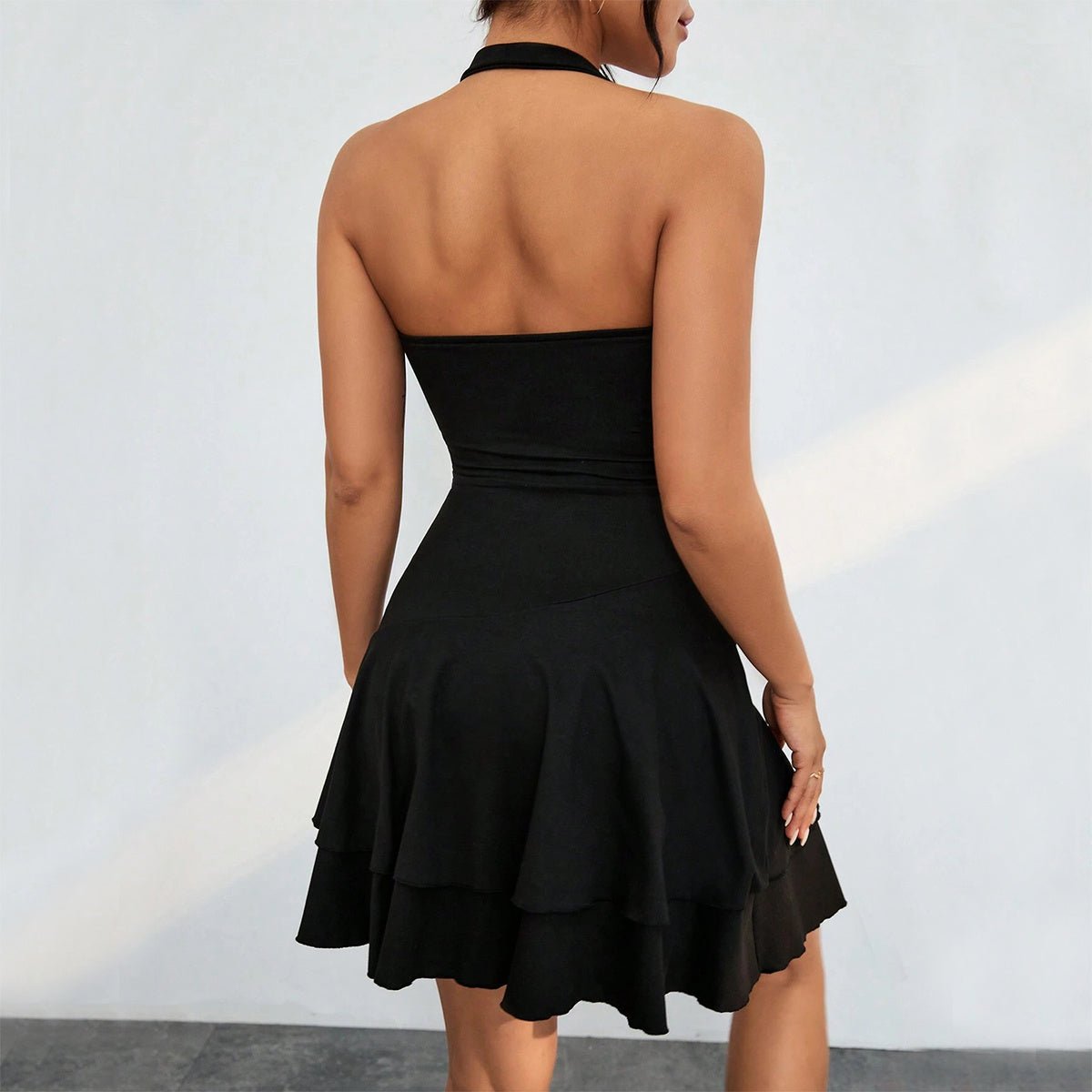 Women's Slim Halter - Neck Backless Ruffled Mini Dress - AmiraMart