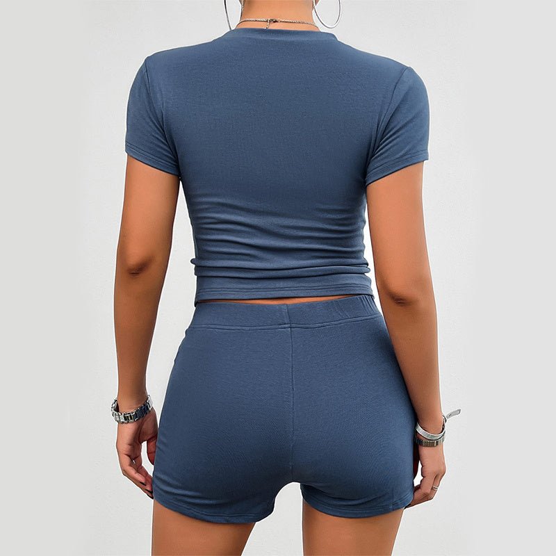 Women's Solid Color 2 - Piece Sports Set - T-Shirt & Shorts - AmiraMart
