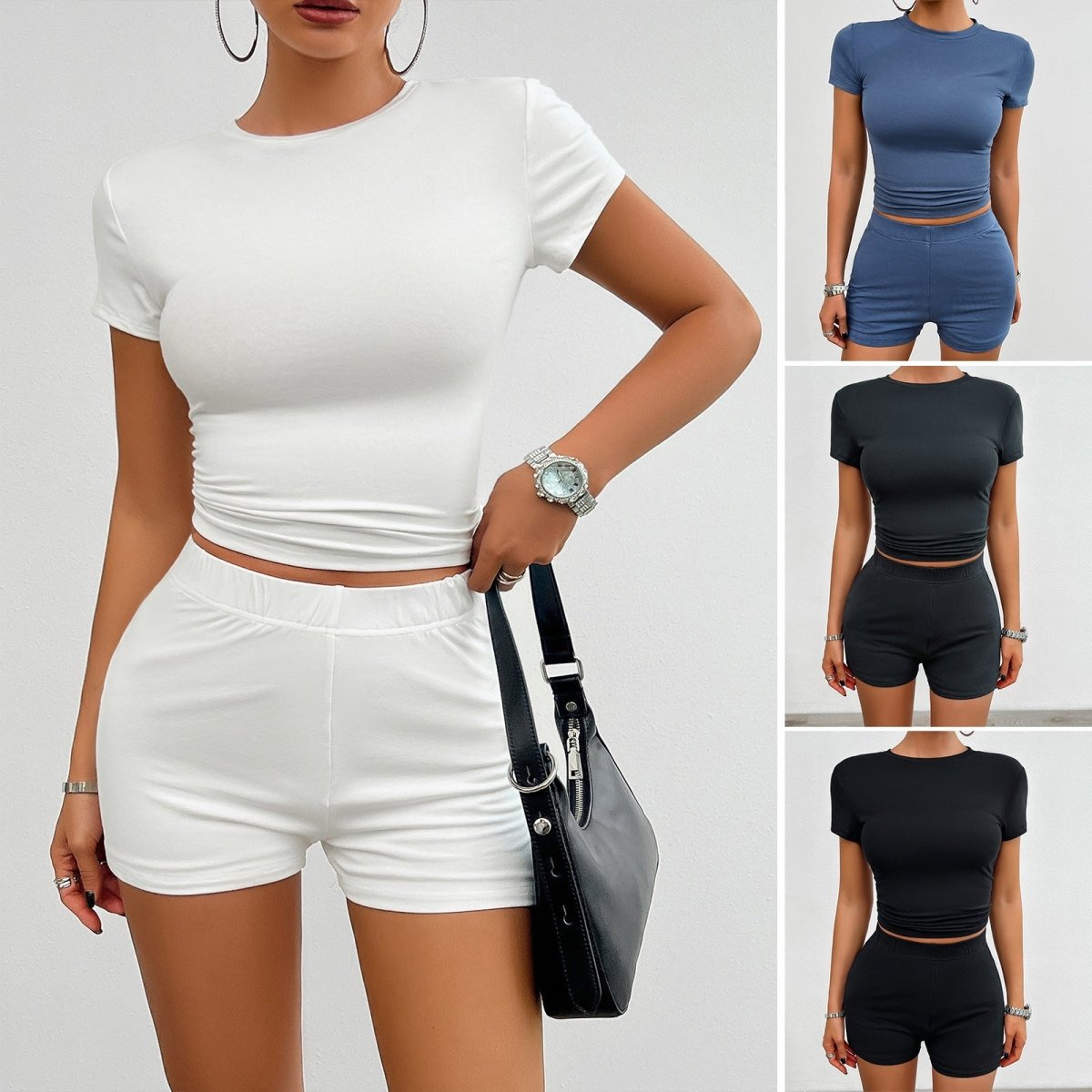 Women's Solid Color 2 - Piece Sports Set - T-Shirt & Shorts - AmiraMart