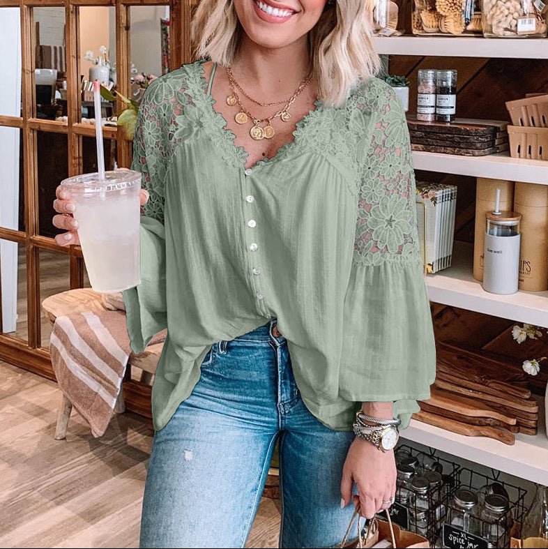 Womens Solid Color V Stitching Breasted Flared Sleeve Top - AmiraMart