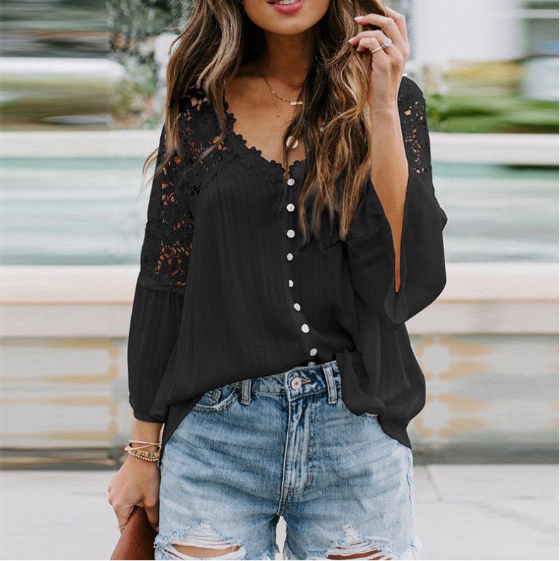 Womens Solid Color V Stitching Breasted Flared Sleeve Top - AmiraMart