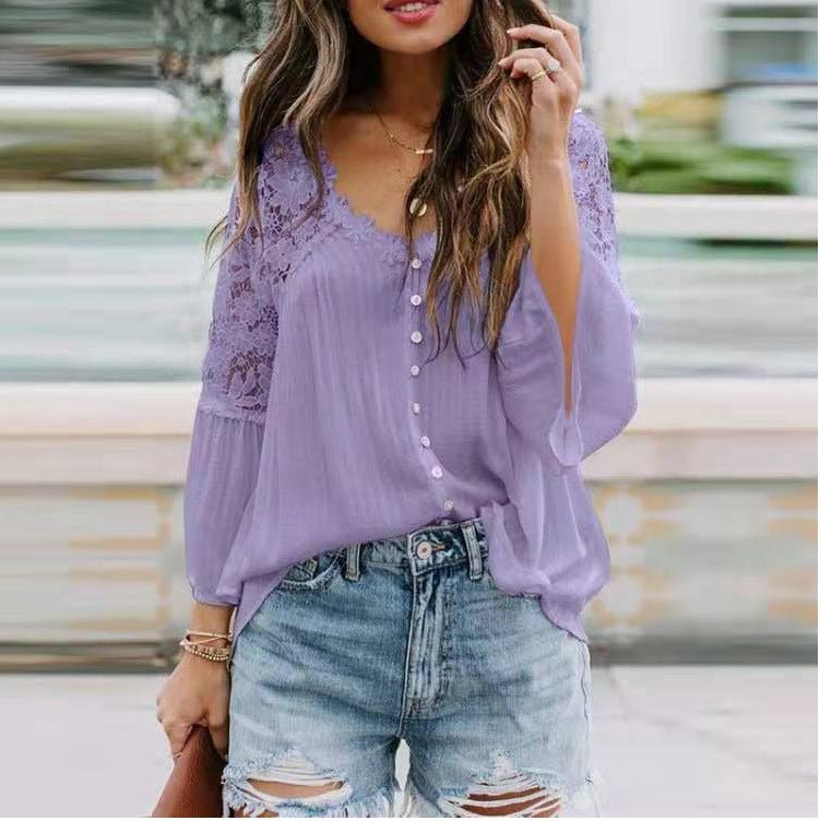 Womens Solid Color V Stitching Breasted Flared Sleeve Top - AmiraMart