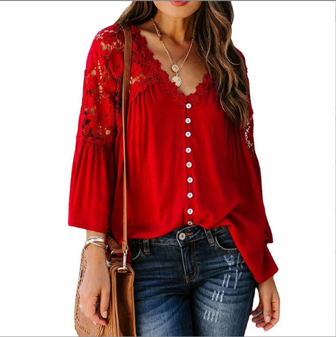 Womens Solid Color V Stitching Breasted Flared Sleeve Top - AmiraMart