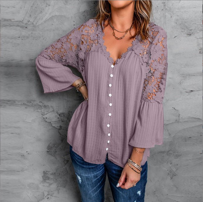 Womens Solid Color V Stitching Breasted Flared Sleeve Top - AmiraMart