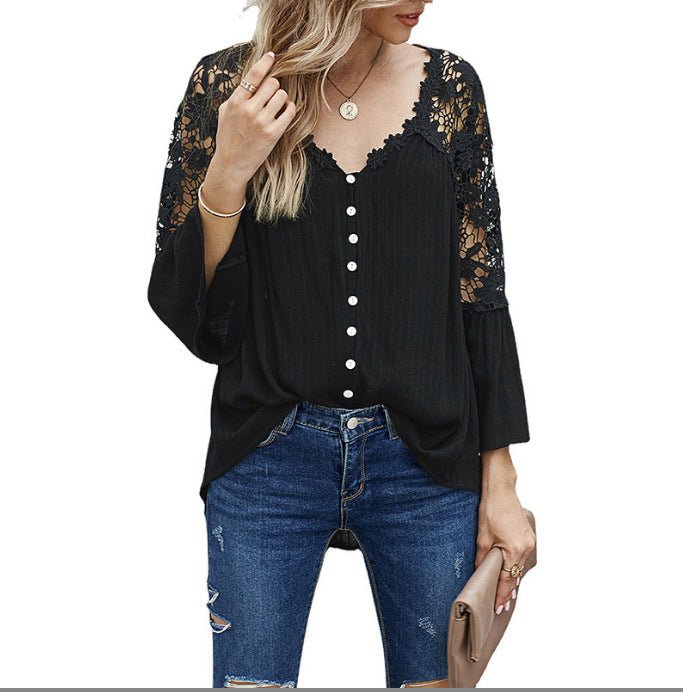 Womens Solid Color V Stitching Breasted Flared Sleeve Top - AmiraMart