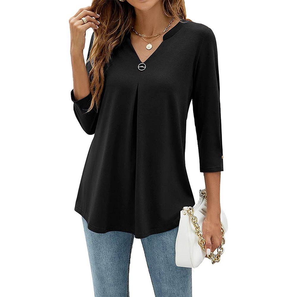 Women's V - neck Clinch Pleated T-shirt Top - AmiraMart