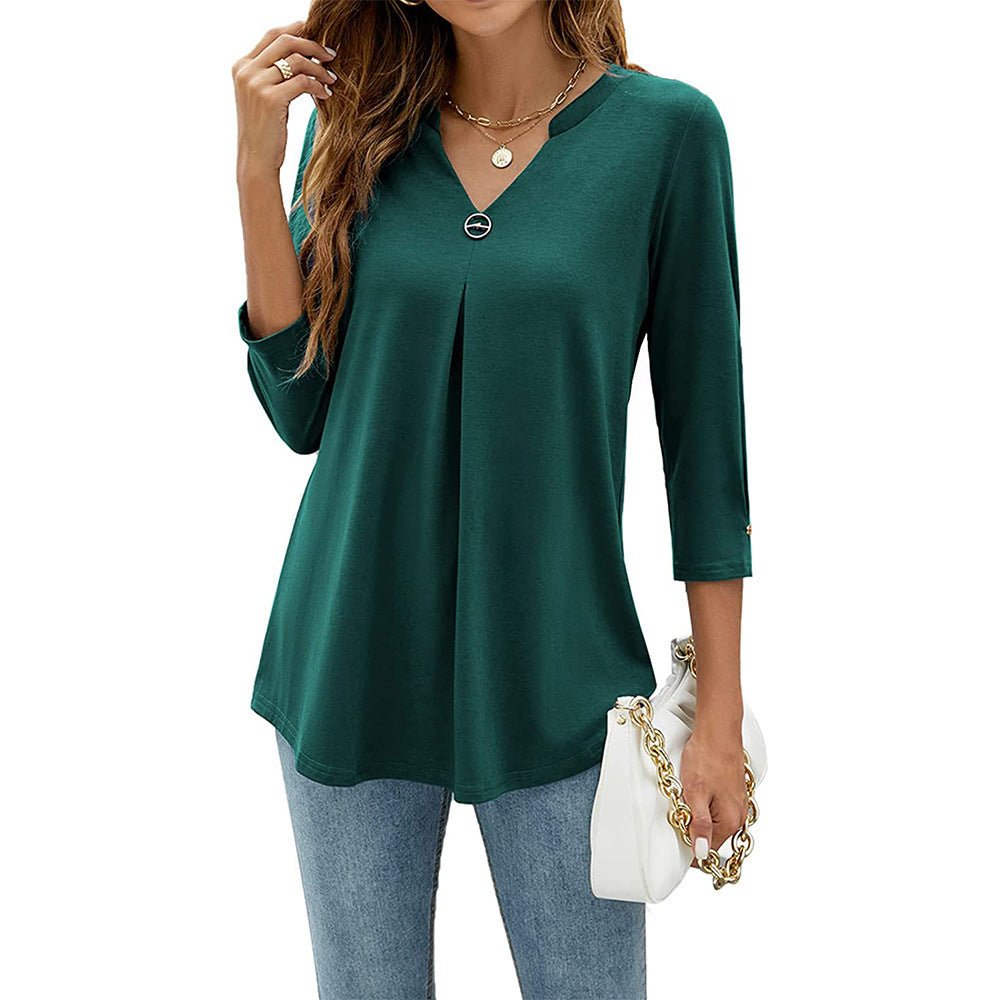 Women's V - neck Clinch Pleated T-shirt Top - AmiraMart