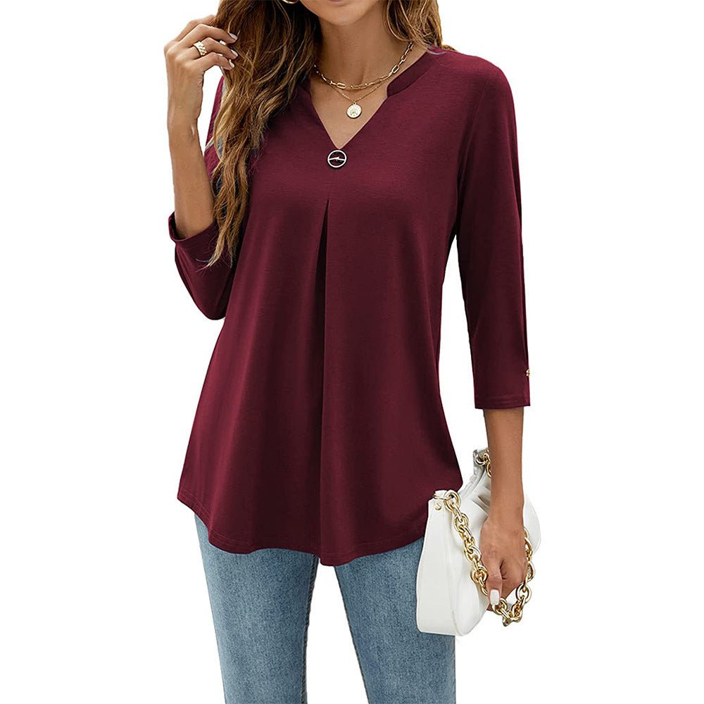 Women's V - neck Clinch Pleated T-shirt Top - AmiraMart