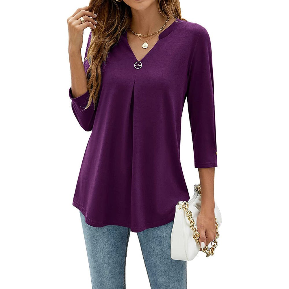 Women's V - neck Clinch Pleated T-shirt Top - AmiraMart