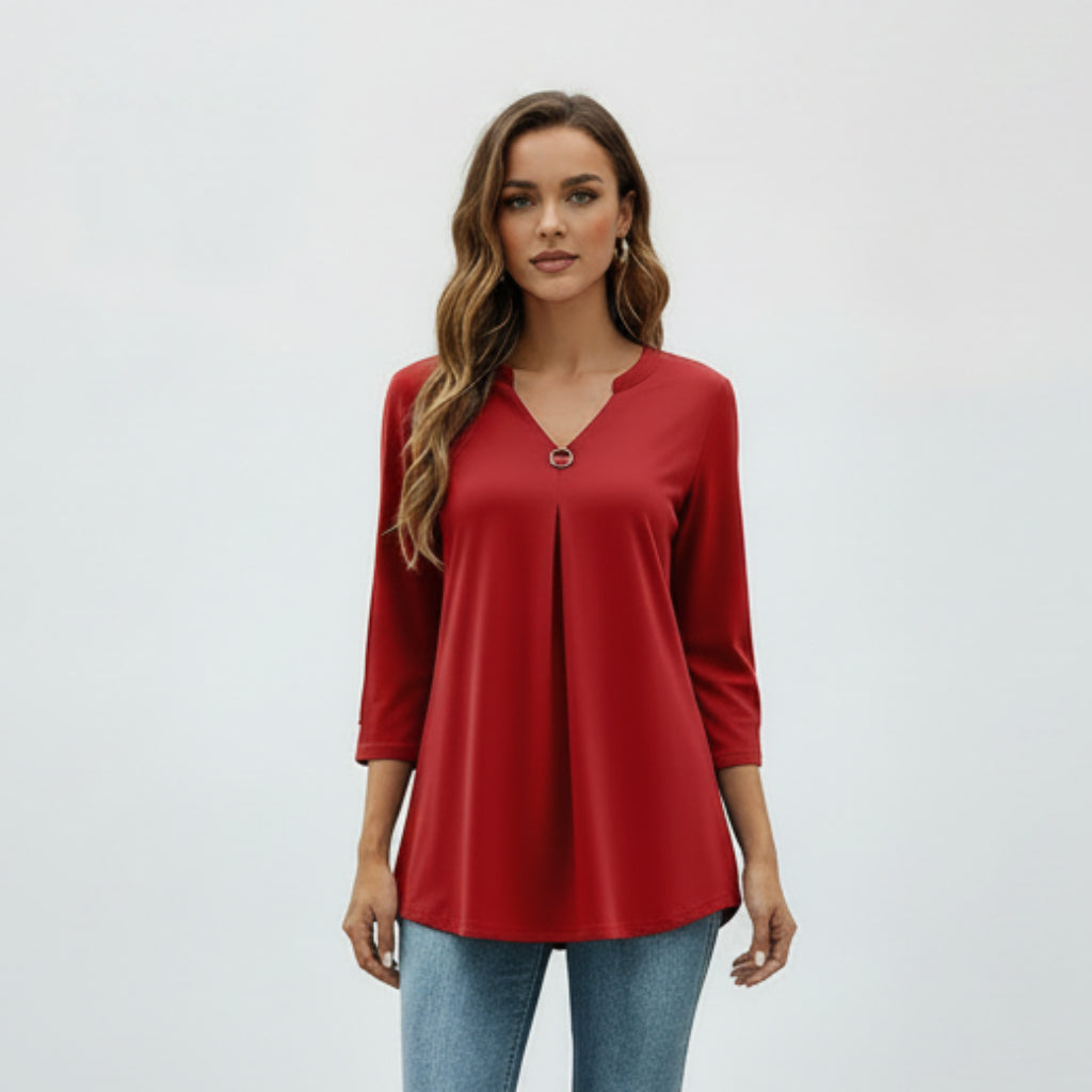 Women's V - neck Clinch Pleated T-shirt Top - AmiraMart