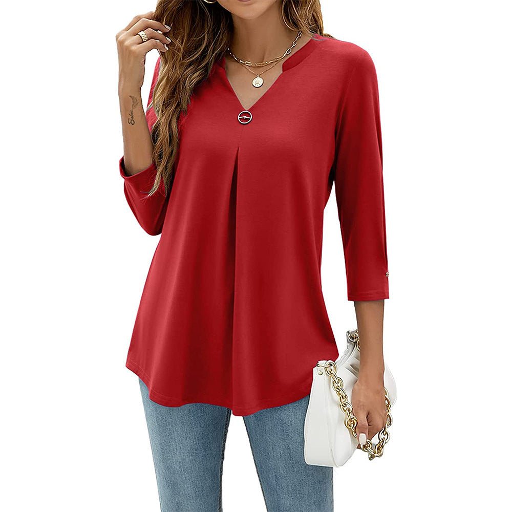 Women's V - neck Clinch Pleated T-shirt Top - AmiraMart