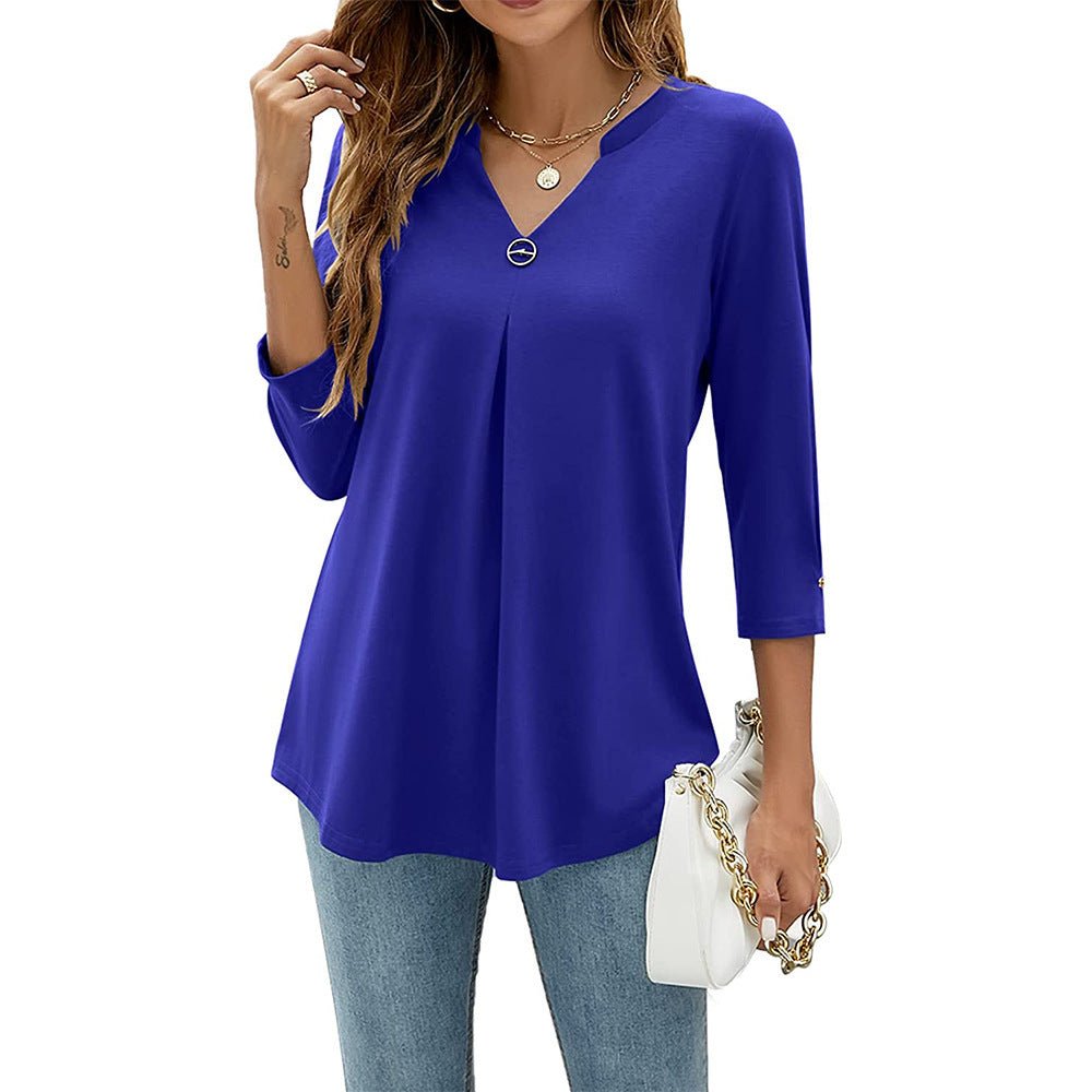 Women's V - neck Clinch Pleated T-shirt Top - AmiraMart