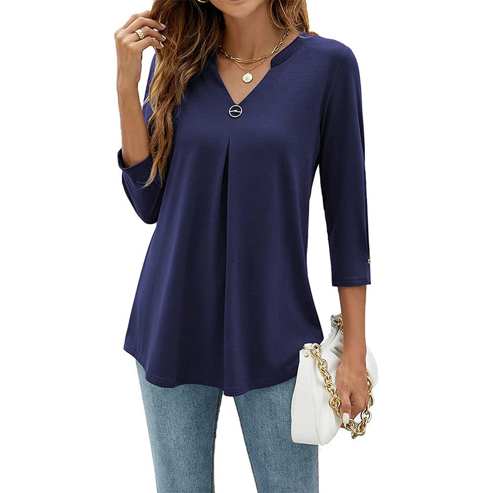 Women's V - neck Clinch Pleated T-shirt Top - AmiraMart