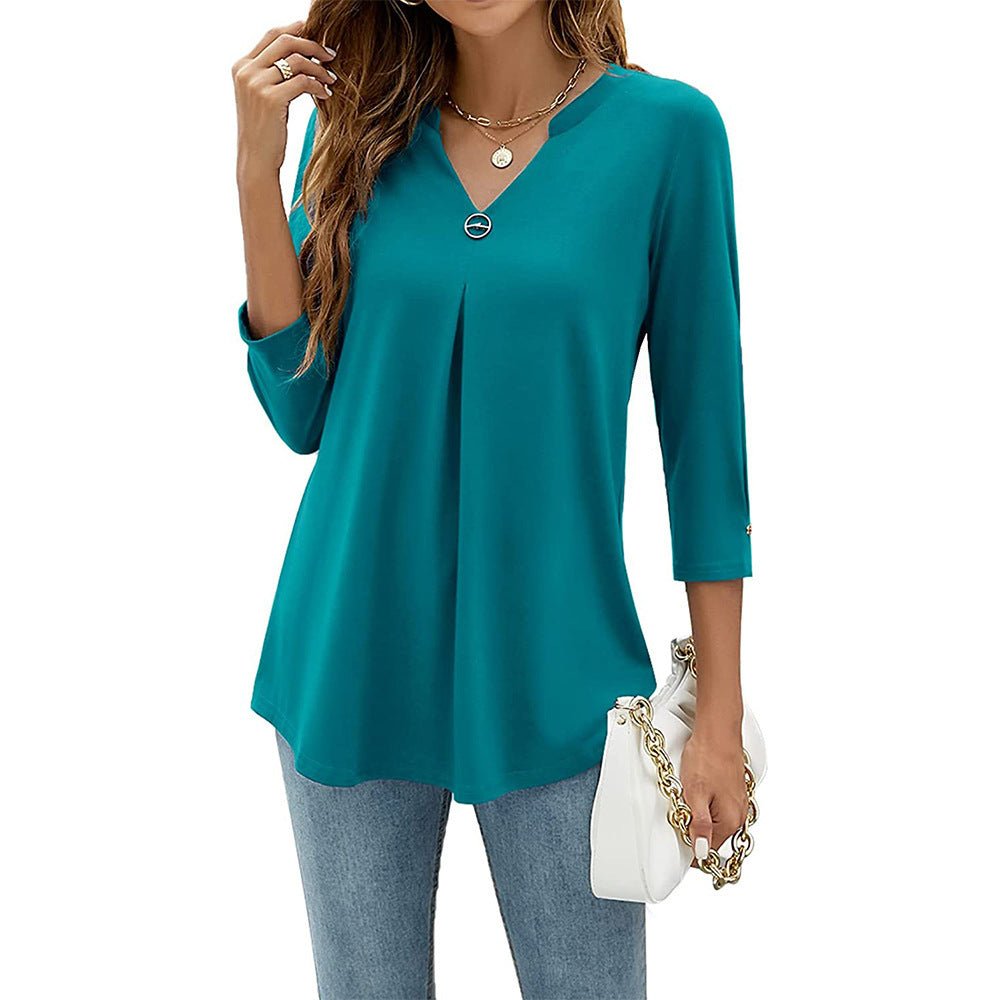 Women's V - neck Clinch Pleated T-shirt Top - AmiraMart