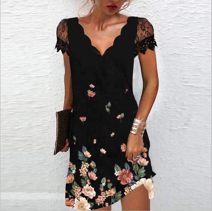Women's V - Neck Lace Short Sleeve Dress - AmiraMart