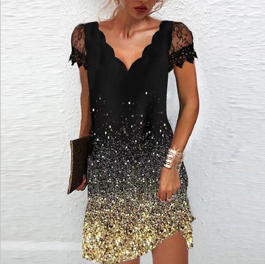 Women's V - Neck Lace Short Sleeve Dress - AmiraMart