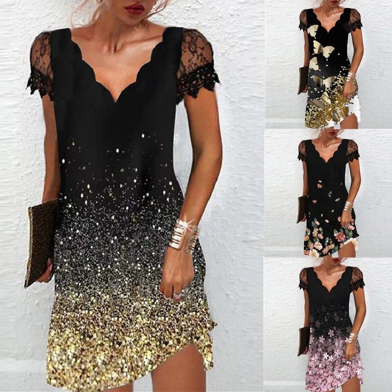 Women's V - Neck Lace Short Sleeve Dress - AmiraMart