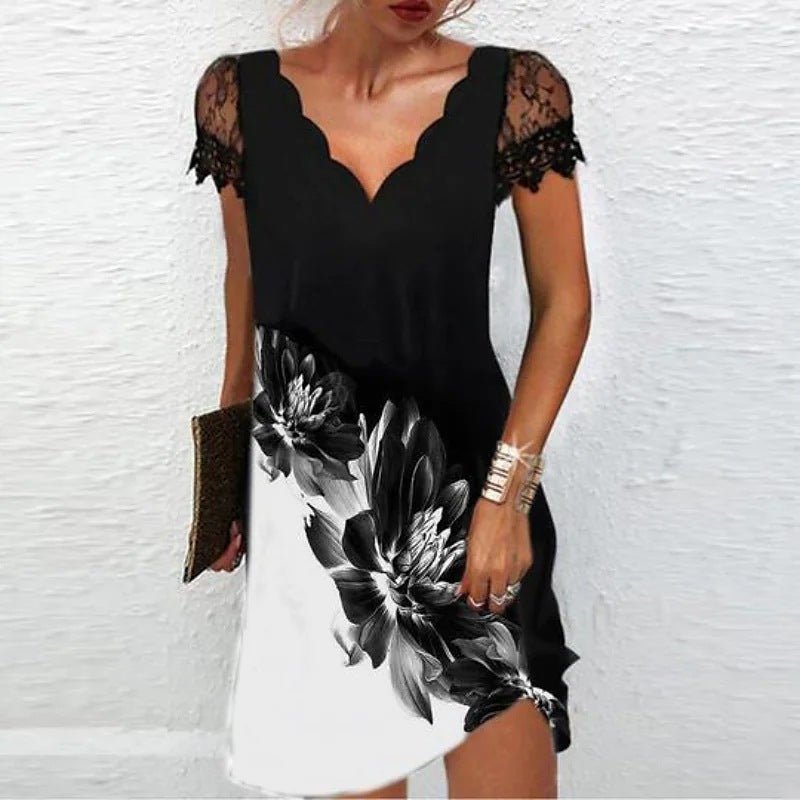 Women's V - Neck Lace Short Sleeve Dress - AmiraMart