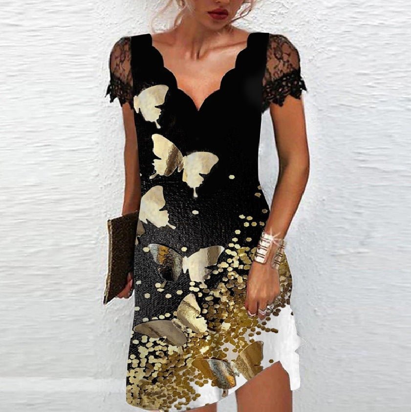 Women's V - Neck Lace Short Sleeve Dress - AmiraMart