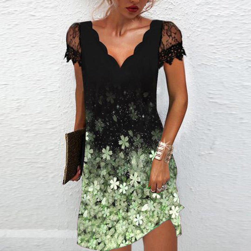 Women's V - Neck Lace Short Sleeve Dress - AmiraMart