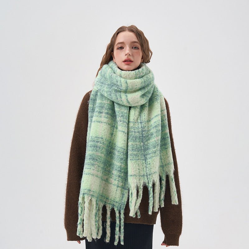Women's White And Green Plaid Scarf - AmiraMart