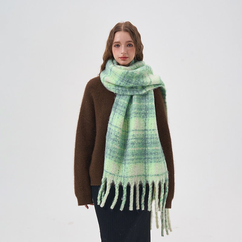 Women's White And Green Plaid Scarf - AmiraMart