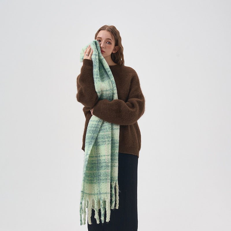 Women's White And Green Plaid Scarf - AmiraMart