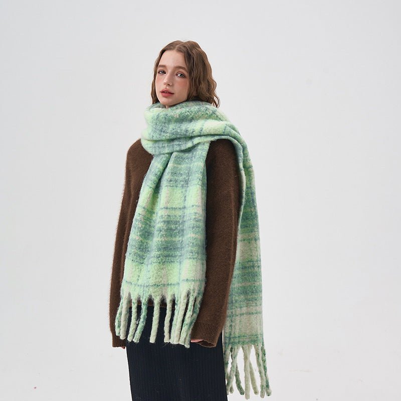 Women's White And Green Plaid Scarf - AmiraMart