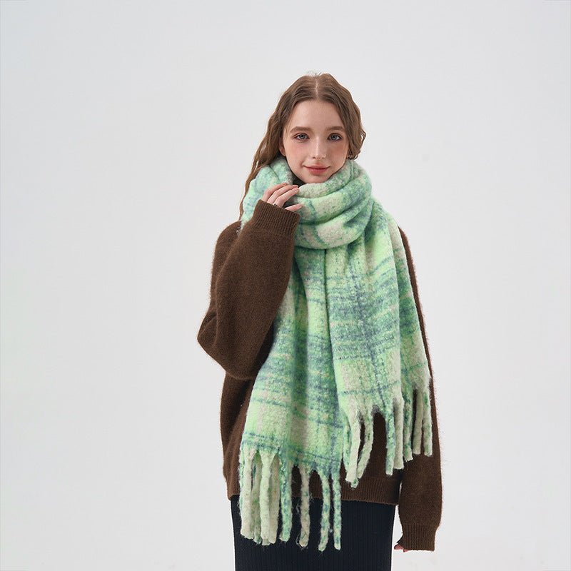 Women's White And Green Plaid Scarf - AmiraMart