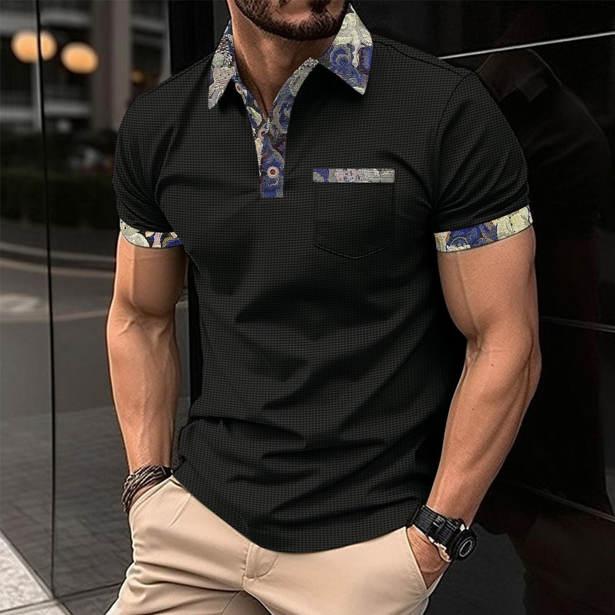 Youth Waffle Color Matching Pocket Short Sleeve - AmiraMart