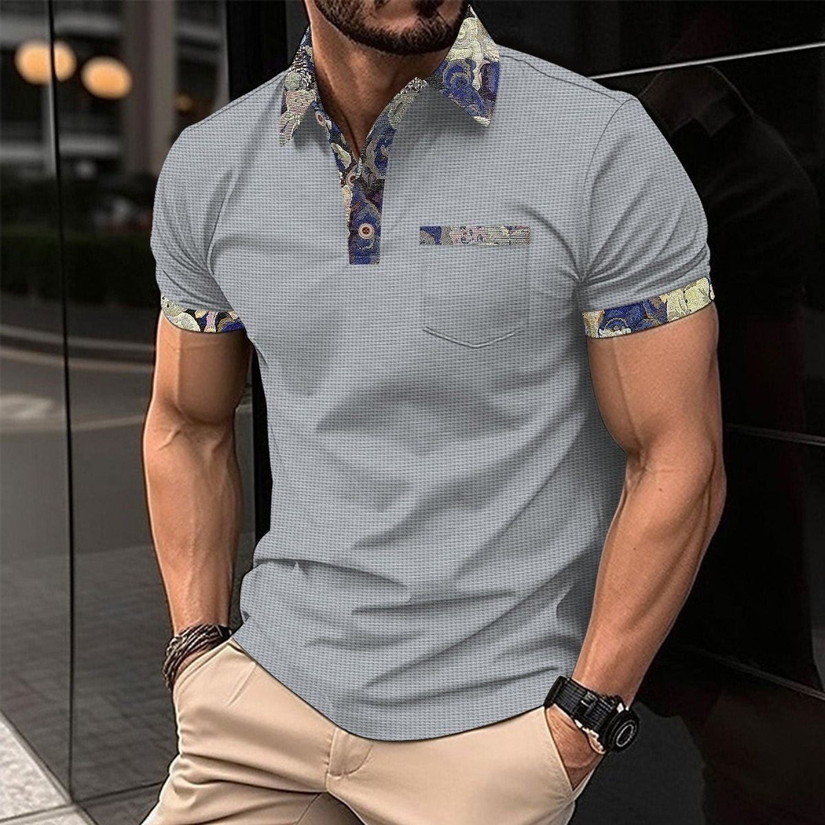 Youth Waffle Color Matching Pocket Short Sleeve - AmiraMart
