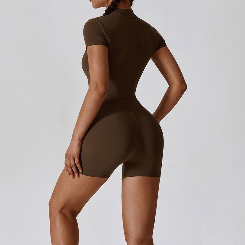 Zipper Short Sleeve Yoga Jumpsuit Women - AmiraMart