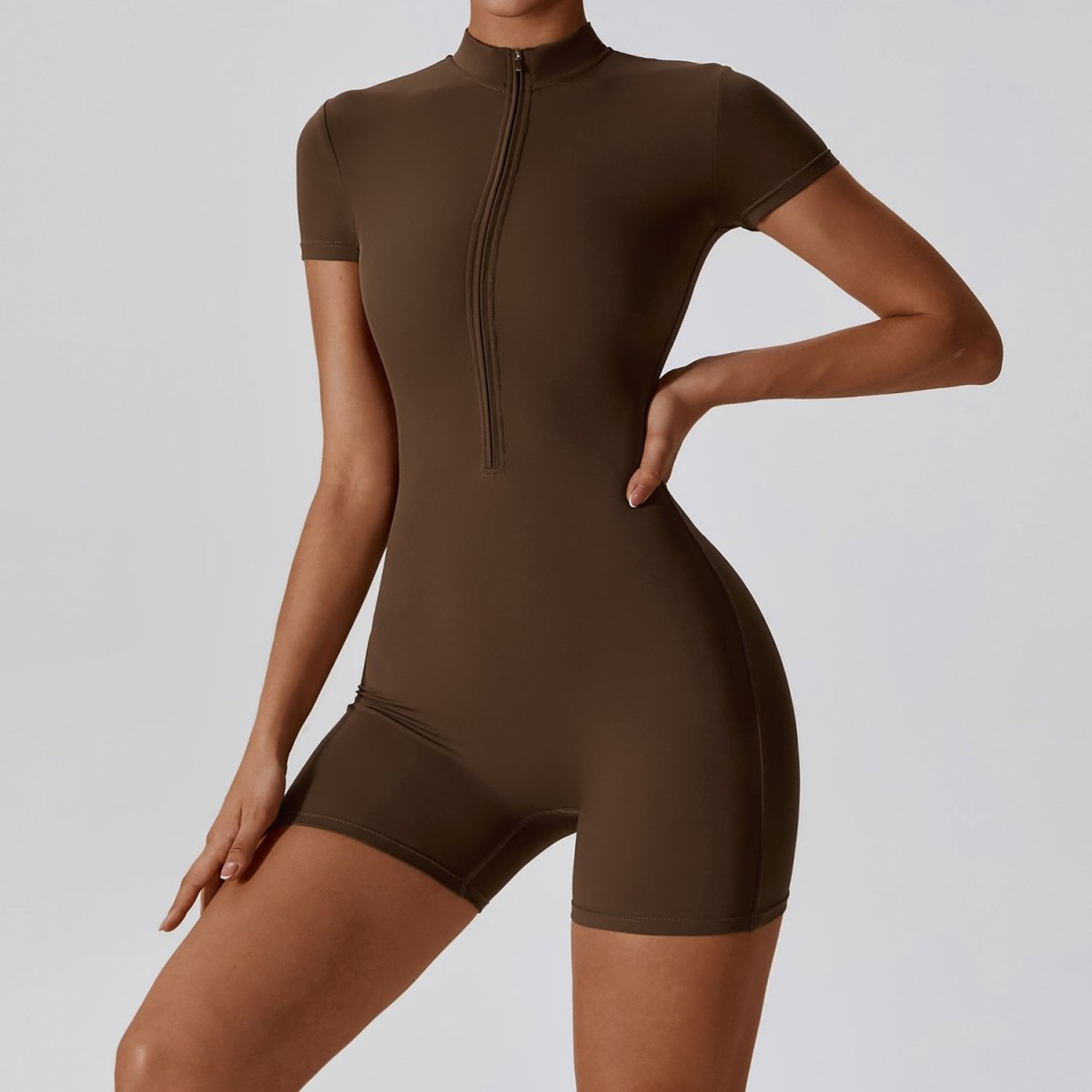 Zipper Short Sleeve Yoga Jumpsuit Women - AmiraMart