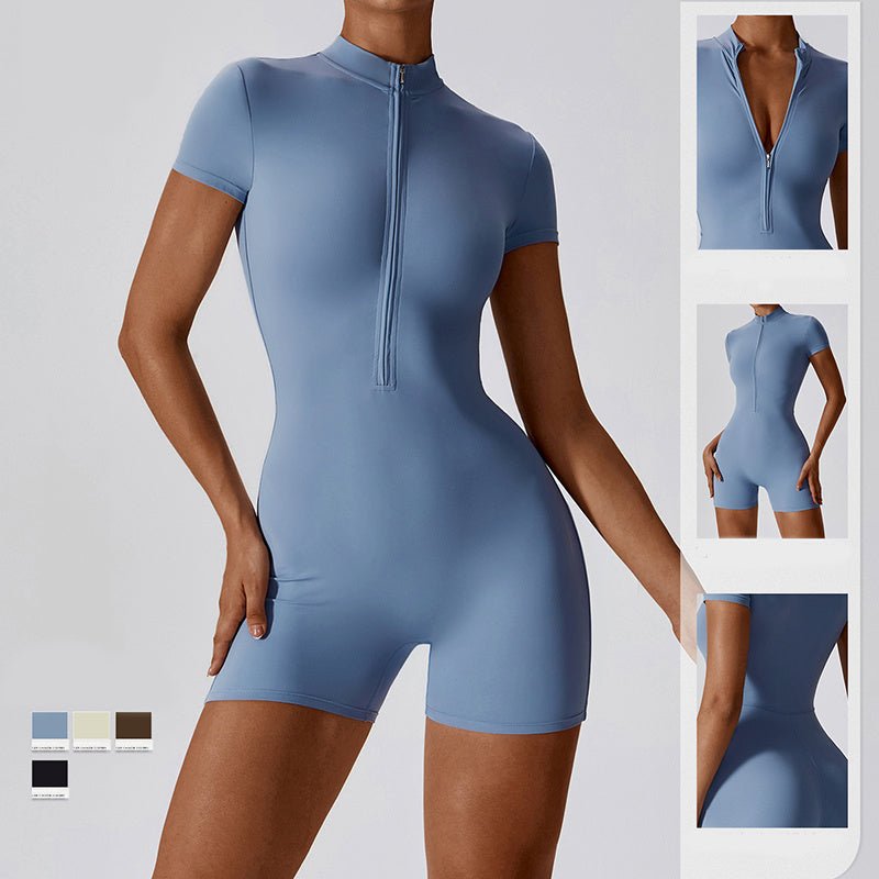 Zipper Short Sleeve Yoga Jumpsuit Women - AmiraMart